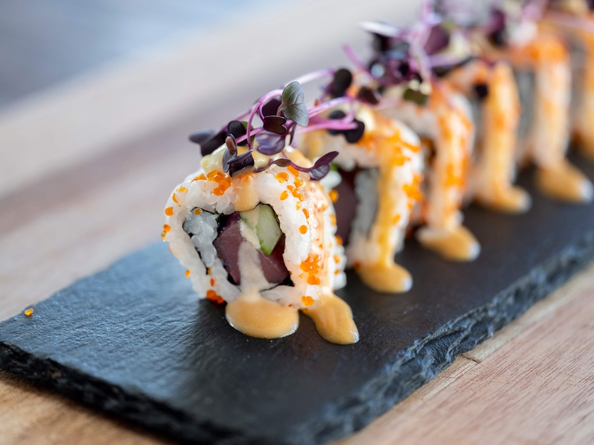 Orange Tosago - a sustainable alternative to mosago - used on sushi maki rolls
